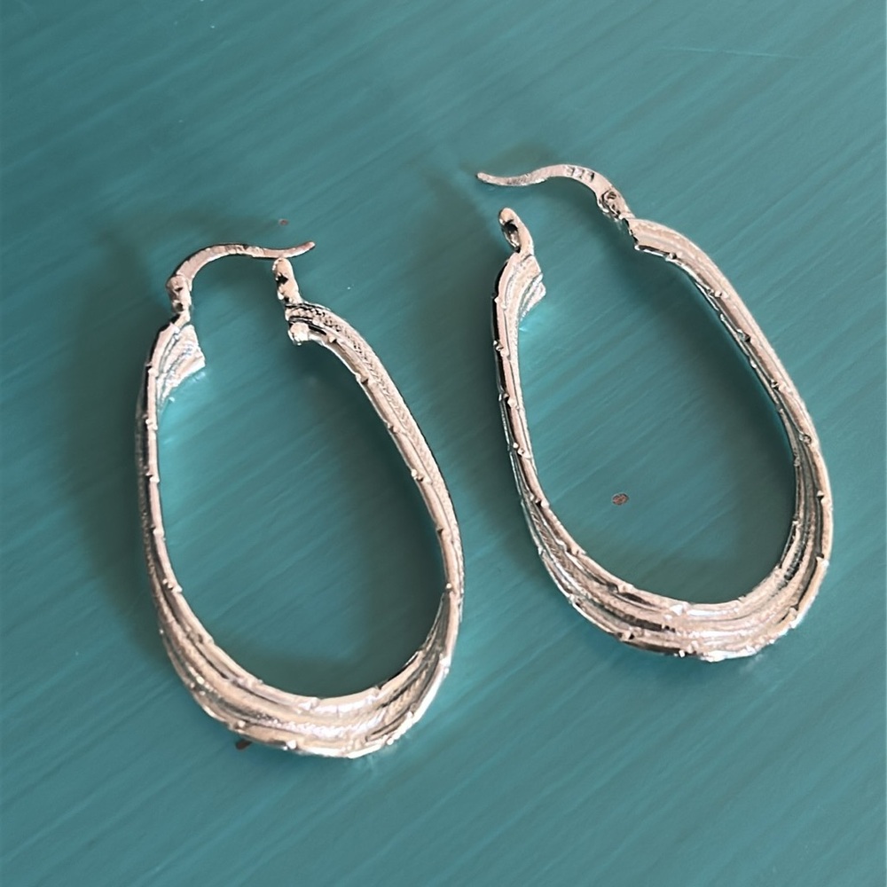 New Pair Sterling Silver Etched Abstract Oblong Hoop Earrings